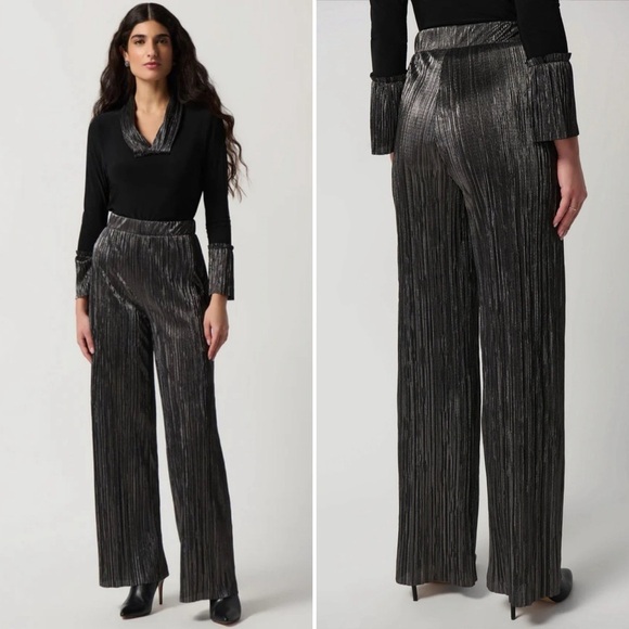 JOSEPH RIBKOFF Metallic Black & Silver Wide Leg Pants Size 8 - Picture 2 of 14
